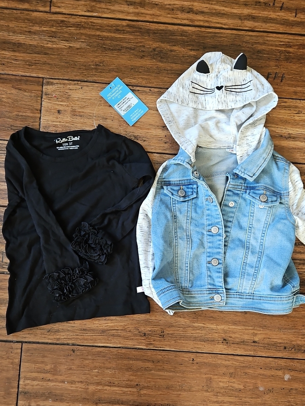 3T Cat-Ear Hooded Denim Jacket & Ruffle Butts Black Shirt